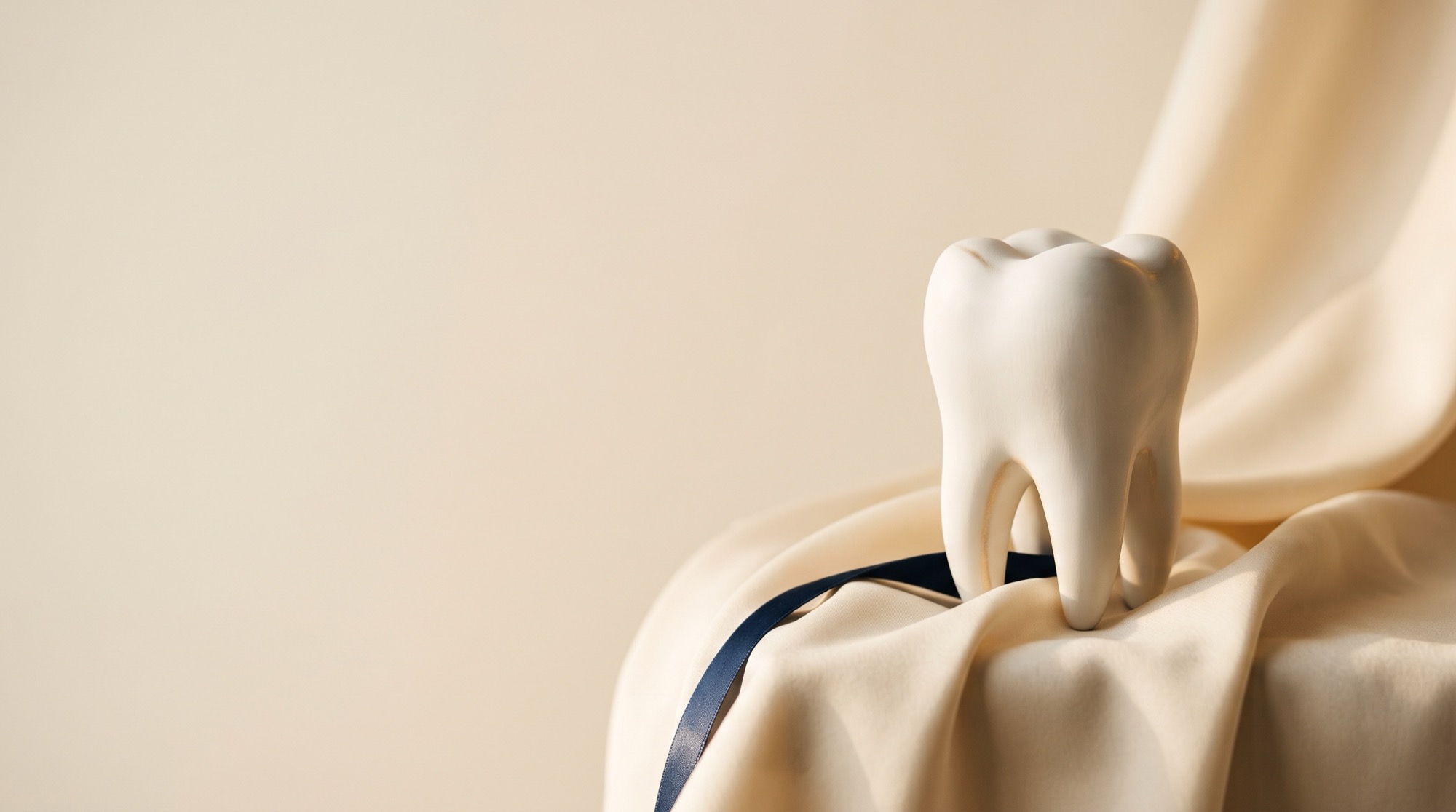 Porcelain tooth sculpture resting on cream silk with a navy ribbon